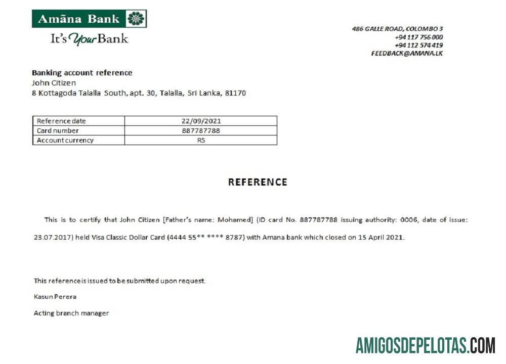 Referência de fechamento do Amana Bank do Sri Lanka exemplo real